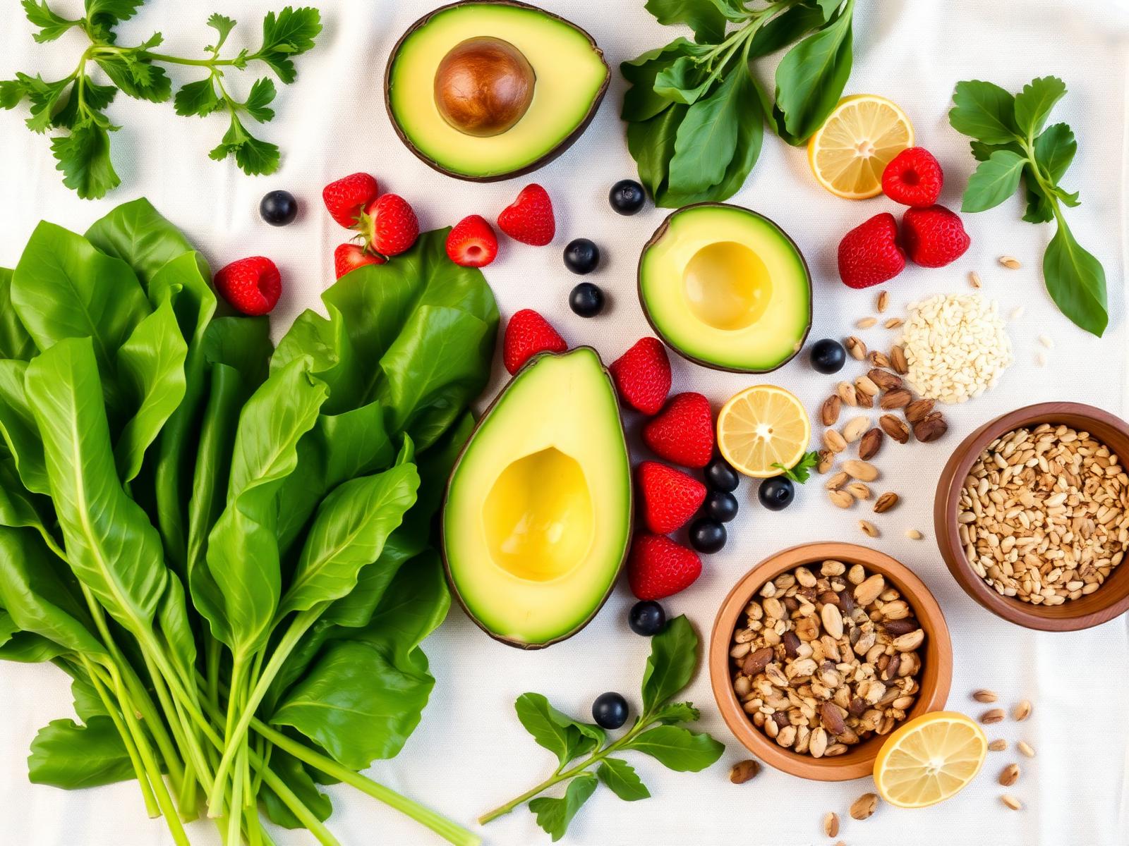Fresh natural foods including greens, berries, avocado, nuts and grains